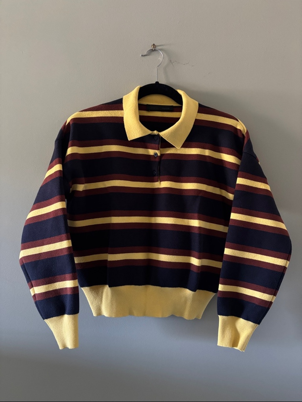 ZARA Striped Knit Collared Sweater in Yellow, Maroon & Navy